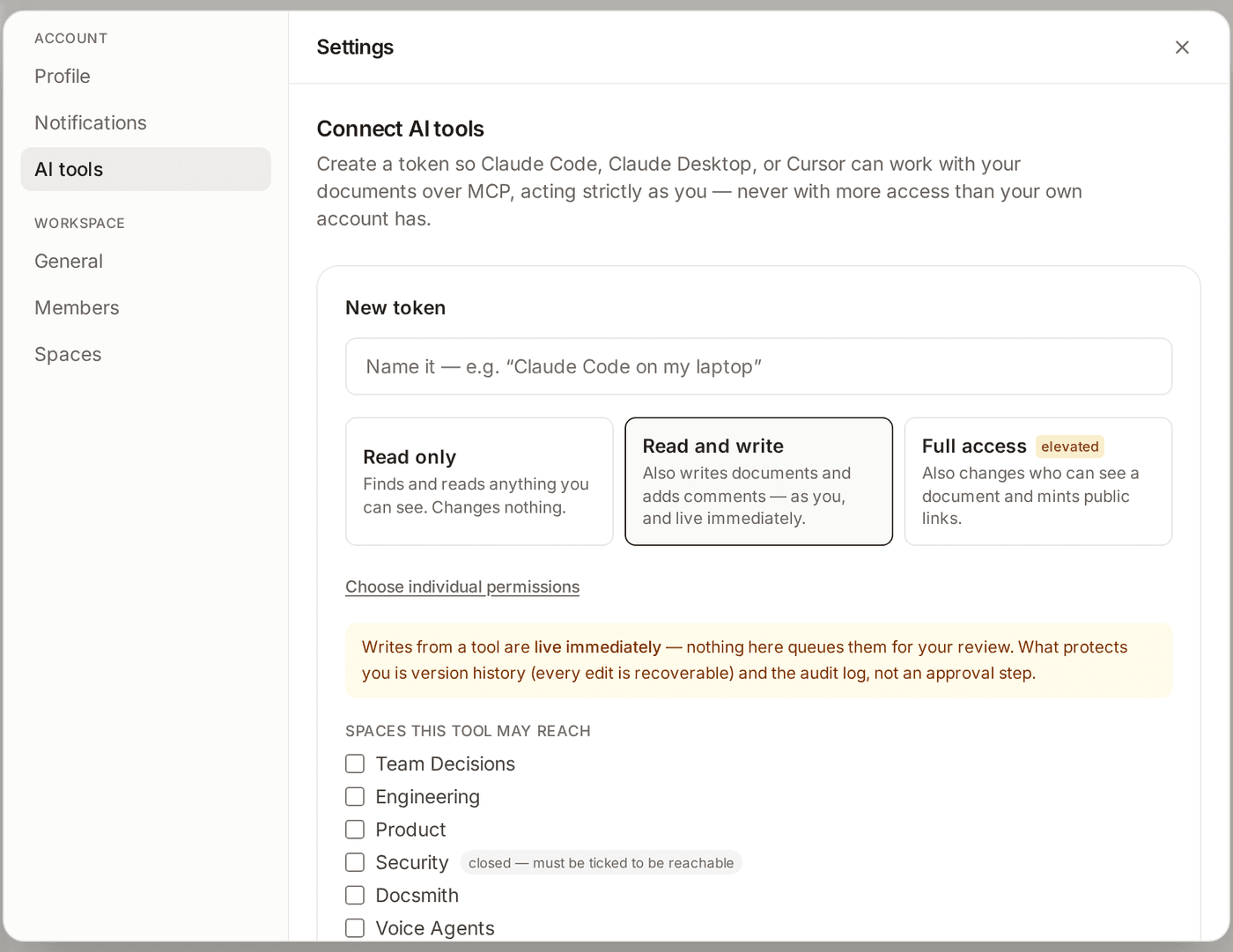 The Connect AI tools screen: name a token, choose read only, read and write, or full access, and pick which spaces it may reach.