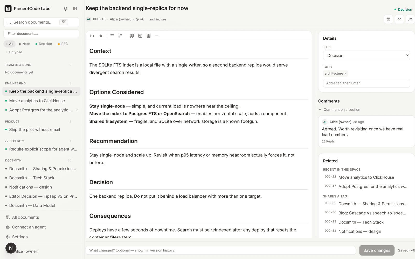 A Docsmith document with Context, Options Considered, Recommendation, Decision and Consequences sections, a comment thread, and related documents alongside.